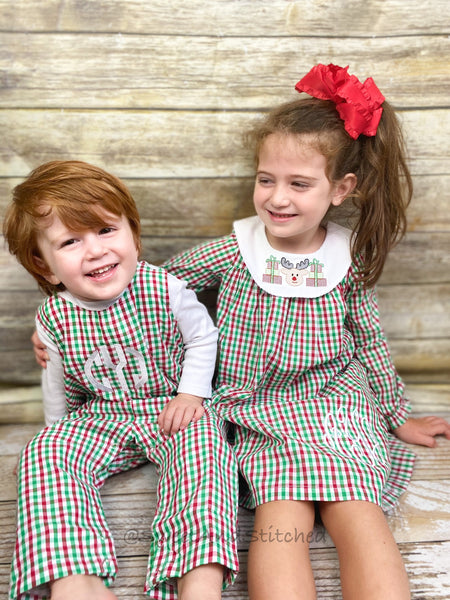 Monogrammed faux smocked Christmas outfit boys in christmas plaid gingham, Boys Christmas overalls, boys 1st Christmas outfit reindeers