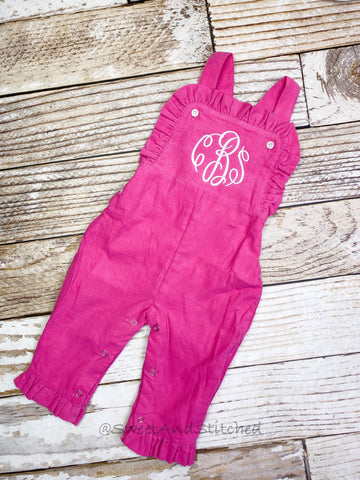 Baby girl monogrammed fall Corduroy outfit, Pink monogrammed overalls