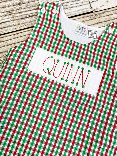 Girls monogrammed red, green and white gingham Christmas dress