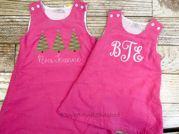 Girls Pink Corduroy Christmas dress - Monogrammed Pink jumper dress dress- Corduroy Christmas jumper dress