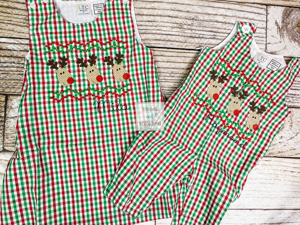 Girls monogrammed red, green and white gingham Christmas dress