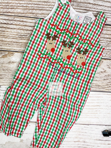 Monogrammed faux smocked Christmas outfit boys in christmas plaid gingham, Boys Christmas overalls, boys 1st Christmas outfit reindeers