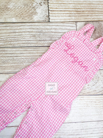 Baby girl monogrammed Spring or Easter outfit, Pink Gingham monogrammed Easter overalls