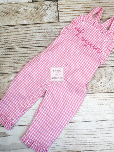 Baby girl monogrammed Spring or Easter outfit, Pink Gingham monogrammed Easter overalls