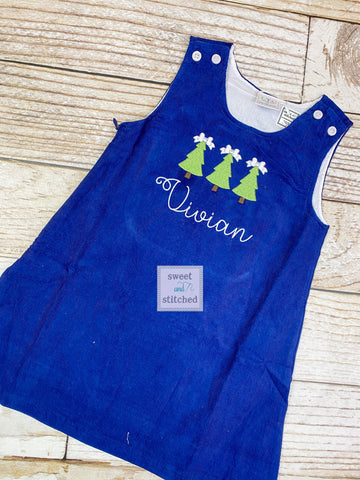 Monogrammed Corduroy Christmas dress in navy with trees design, Girls personalized christmas dress