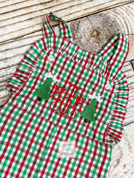 Baby girl monogrammed Christmas outfit in red, green and white gingham with trees and monogram design, Ruffle Christmas overalls