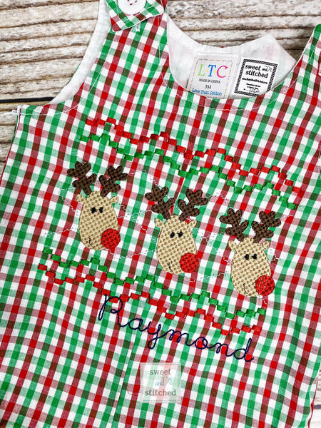 Monogrammed faux smocked Christmas outfit boys in christmas plaid gingham, Boys Christmas overalls, boys 1st Christmas outfit reindeers