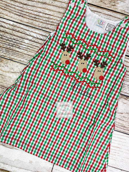 Girls monogrammed red, green and white gingham Christmas dress