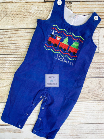 Baby boy Christmas faux smock train outfit, Toddler Boys Christmas overalls, Boys monogrammed santa outfit, Navy Corduroy Christmas Outfit