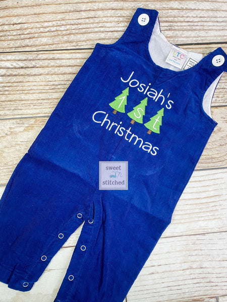 Personalized Baby Boy 1st Christmas outfit - monogrammed Christmas corduroy overalls, my 1st Christmas overalls navy