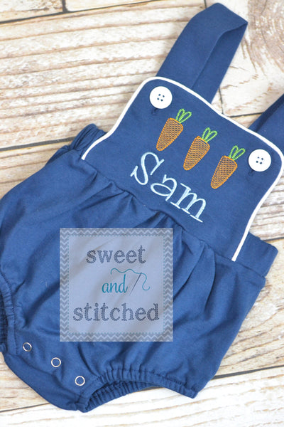 Monogrammed boys easter romper in navy blue with carrot design and name