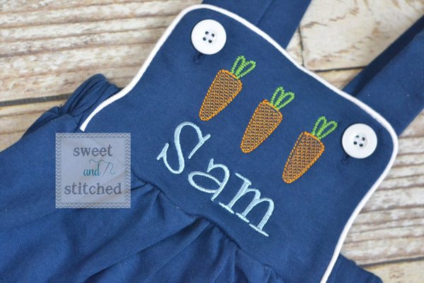 Monogrammed boys easter romper in navy blue with carrot design and name