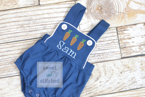 Monogrammed boys easter romper in navy blue with carrot design and name