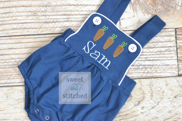 Monogrammed boys easter romper in navy blue with carrot design and name