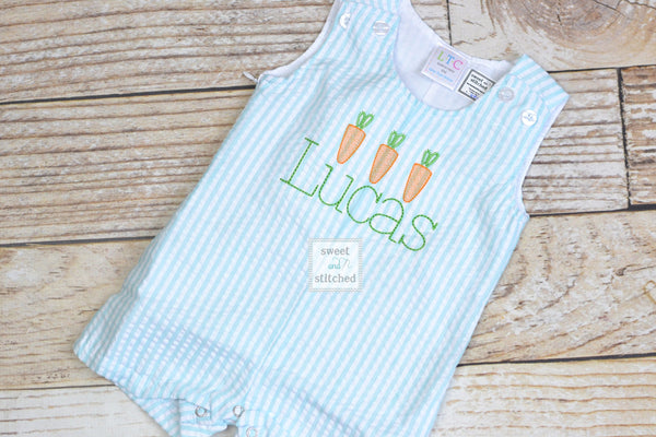 Monogrammed Boys Easter Romper in seersucker with carrots, Baby boy EasterOutfit, Personalized easter outfit, monogrammed easter outfit