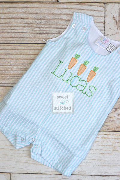 Monogrammed Boys Easter Romper in seersucker with carrots, Baby boy EasterOutfit, Personalized easter outfit, monogrammed easter outfit