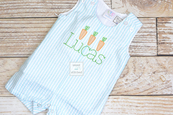 Monogrammed Boys Easter Romper in seersucker with carrots, Baby boy EasterOutfit, Personalized easter outfit, monogrammed easter outfit