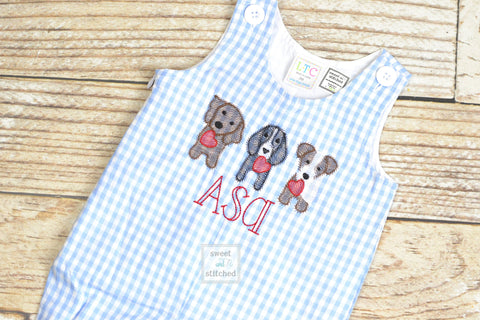 Monogrammed boys Valentine's overalls with dogs and hearts design in light blue gingham, boys valentine's longall