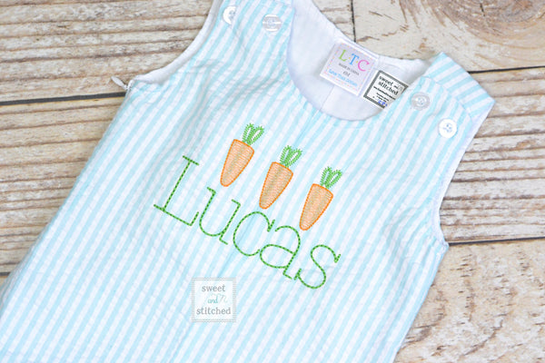 Monogrammed Boys Easter Romper in seersucker with carrots, Baby boy EasterOutfit, Personalized easter outfit, monogrammed easter outfit