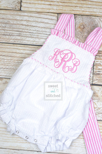 Monogrammed baby girl seersucker romper, girls cross backed bubble, girls summer romper, 1st birthday cake smash outfit, church outfit