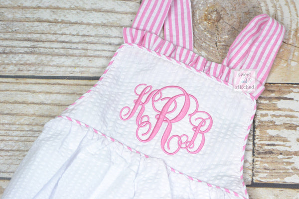 Monogrammed baby girl seersucker romper, girls cross backed bubble, girls summer romper, 1st birthday cake smash outfit, church outfit