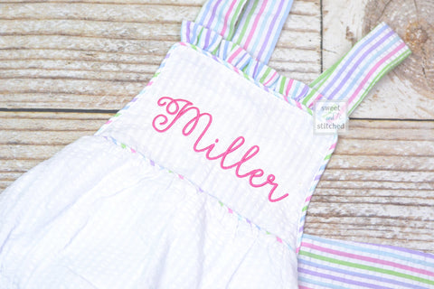 Monogrammed baby girl seersucker rainbow romper, girls cross backed bubble