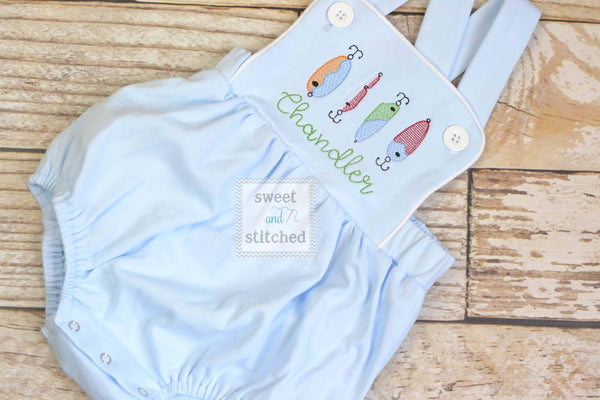 Monogrammed baby boy fishing romper, fishing birthday outfit, fishing themed cake smash outfit, birthday outfit