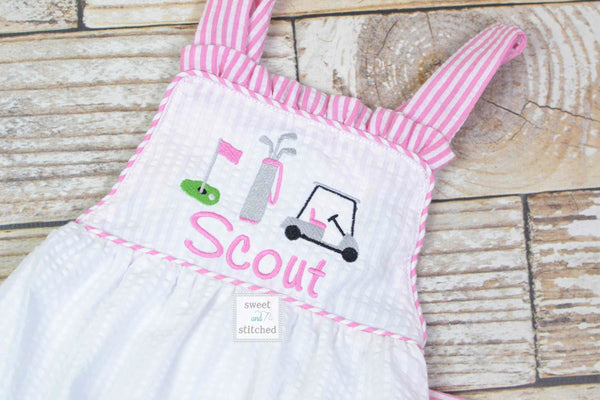 Monogrammed baby girl ruffle bubble with golf theme, golf themed birthday outfit, 1st birthday golf cake smash outfit, Summer Beach Outfit