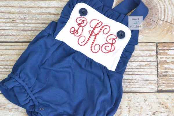 Monogrammed baby girl ruffle bubble in color block navy and white with red monogram, 4th of july sibling outfits, 4th of july dress