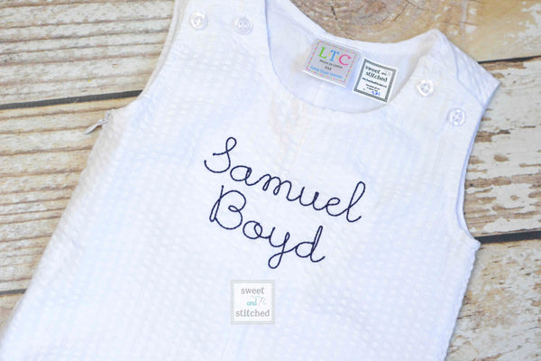 Monogrammed Boys Jon Jon, Baby boy Easter or Summer Outfit, Personalized Baby boy romper, white seersucker with monogram or name