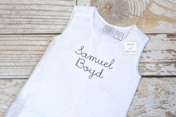 Monogrammed Boys Jon Jon, Baby boy Easter or Summer Outfit, Personalized Baby boy romper, white seersucker with monogram or name