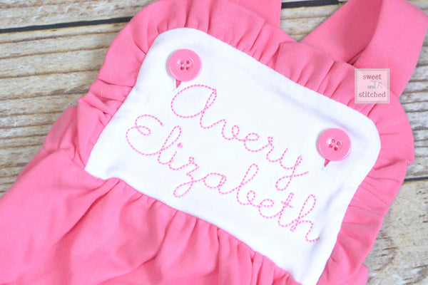 Monogrammed baby girl ruffle bubble in color block pink and white, baby girl sunsuit, personalized big sister little sister outfits