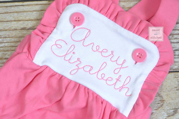 Monogrammed baby girl ruffle bubble in color block pink and white, baby girl sunsuit, personalized big sister little sister outfits