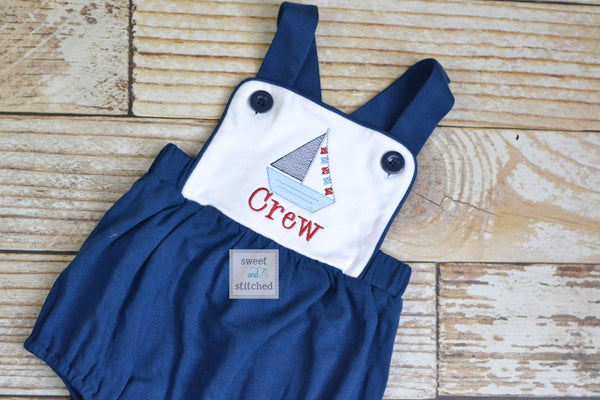 Monogrammed baby boy sailboat outfit in navy and white, monogrammed boys beach romper, 1st birthday sailboat outfit, boat cake smash