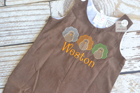 Baby Boy thanksgiving outfit with turkeys and name in vintage style, boys corduroy overalls personalized