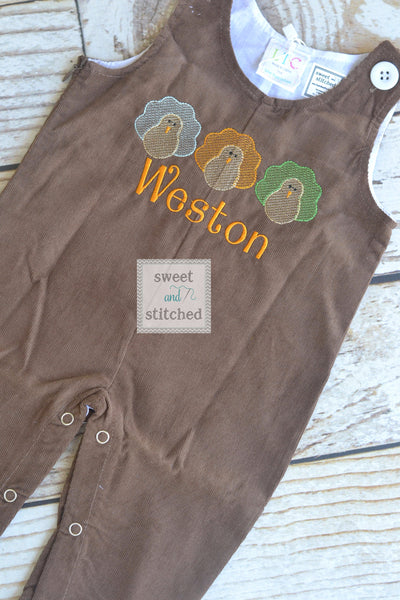 Baby Boy thanksgiving outfit with turkeys and name in vintage style, boys corduroy overalls personalized