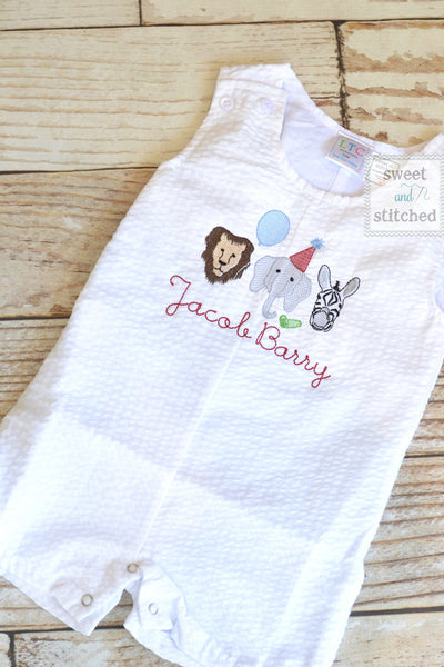 Monogrammed Boys Jon Jon with zoo animals, Baby boy 1st birthday outfit, Personalized Baby boy cake smash romper with zoo or safari theme