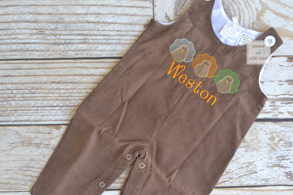 Baby Boy thanksgiving outfit with turkeys and name in vintage style, boys corduroy overalls personalized