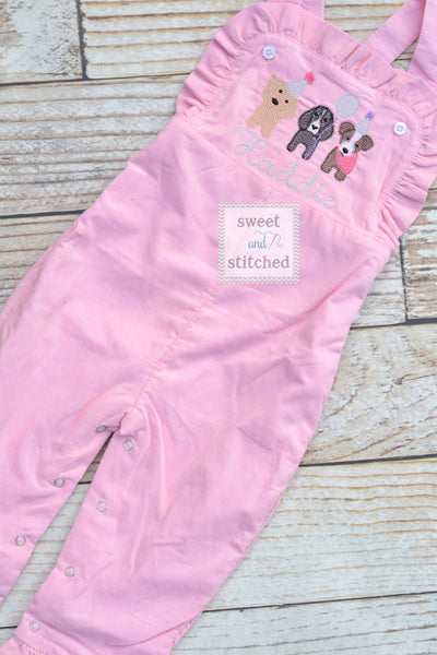 Baby girl monogrammed dog birthday overalls, monogrammed dog birthday party outfit, puppy birthday cake smash