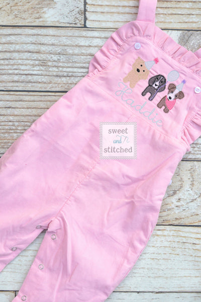 Baby girl monogrammed dog birthday overalls, monogrammed dog birthday party outfit, puppy birthday cake smash