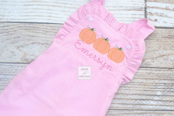 Baby girl monogrammed fall pumpkin overalls, monogrammed corduroy overalls, Pink Cord thanksgiving outfit, pumpkin patch