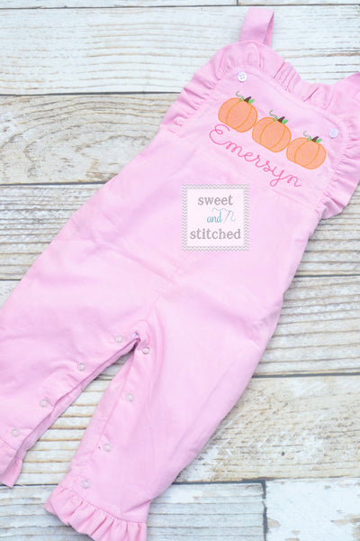 Baby girl monogrammed fall pumpkin overalls, monogrammed corduroy overalls, Pink Cord thanksgiving outfit, pumpkin patch