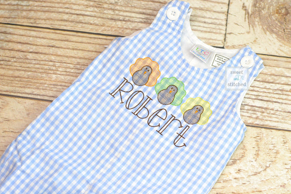 Personalized Boys thanksgiving outfit with turkeys and name - Baby Boy thanksgiving Outfit, turkey overalls