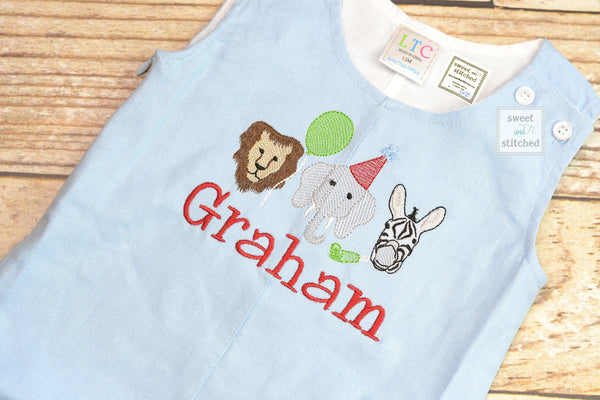 Monogrammed baby boy jon jon with zoo animals, safari themed baby boy birthday outfit with name, zoo cake smash outfit, monogrammed jon jon