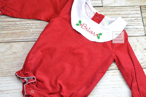 Baby girl monogrammed Christmas bishop bubble in red corduroy