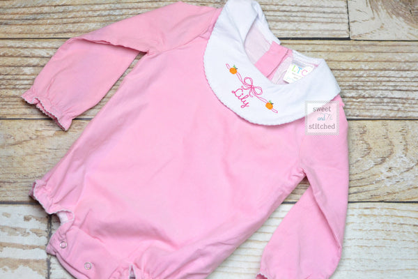 Baby girl monogrammed Thanksgiving pumpkin bishop bubble in pink corduroy, Ruffle Fall bubble