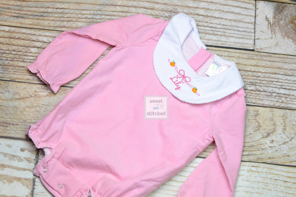 Baby girl monogrammed Thanksgiving pumpkin bishop bubble in pink corduroy, Ruffle Fall bubble