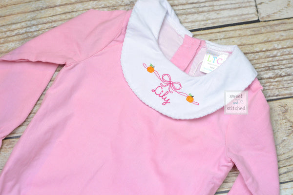 Baby girl monogrammed Thanksgiving pumpkin bishop bubble in pink corduroy, Ruffle Fall bubble