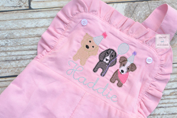 Baby girl monogrammed dog birthday overalls, monogrammed dog birthday party outfit, puppy birthday cake smash