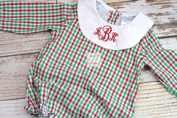 Baby girl monogrammed Christmas bishop bubble in red green and white gingham, Ruffle Christmas bubble, girls Christmas outfit